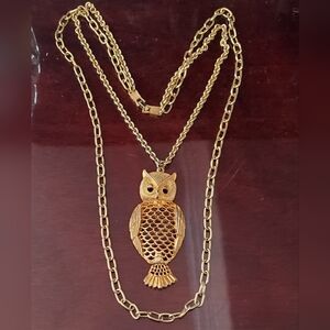 Tancer-II Goldtone Owl Pendant double chain Necklace, long 32" & 22" chains.